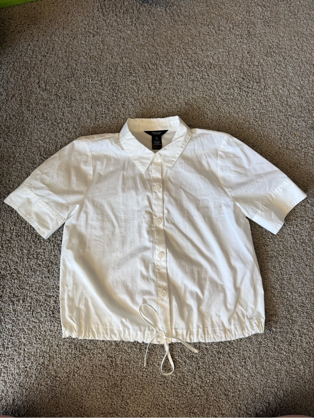White Short-Sleeve Button Front Shirt - Drawstring Hem